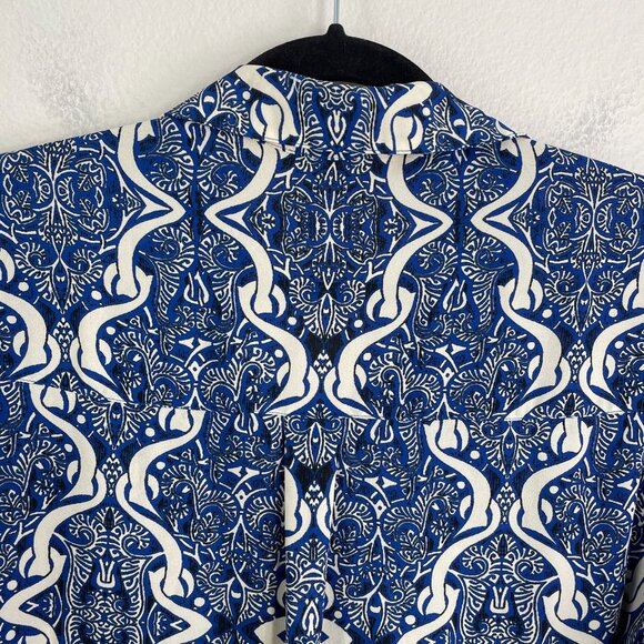 Express Portofino Shirt Womens Large Blue White Original Roll Tab Sleeve Blouse - Picture 8 of 8